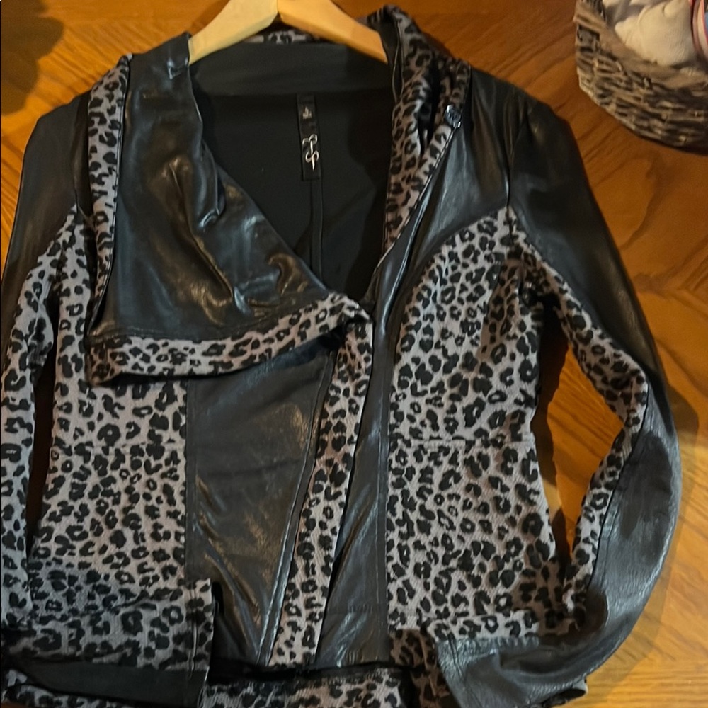 Jessica Simpson Black and Brown Leather Jacket with Asymmetrical Zipper